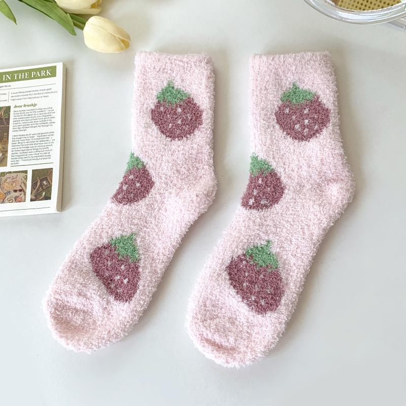 Women's Winter Coral Fleece Fruit Print Warm Sleep & Floor Socks