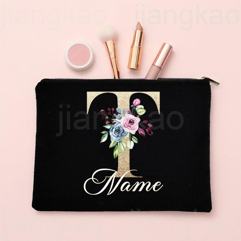 Personalised Letter with Name Makeup Bag Bridal Cosmetic Case Canvas Monogram Toiletry Bags Birthday Wedding Bridesmaid Gifts