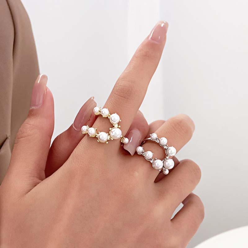 Vintage White Double Layer Pearl Rings for Women Exaggerate Big Geometric Crystal Adjustable Ring Wedding Jewelry Bijoux