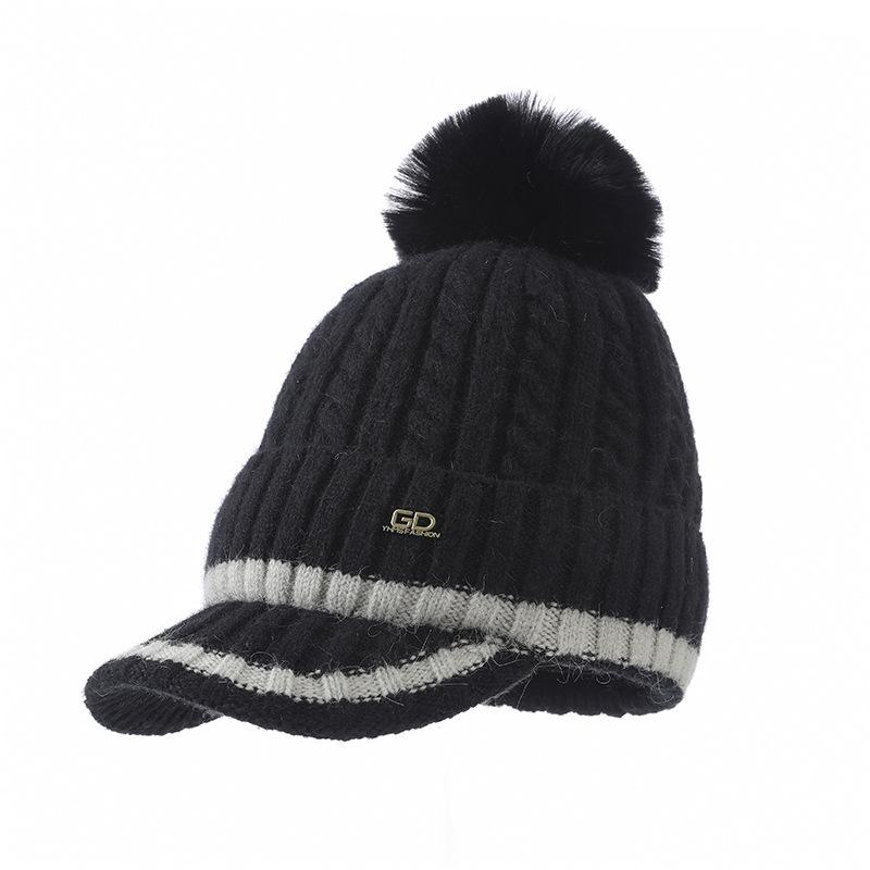 Korean Version of Versatile Wool Ball Plus Velvet Thickened Warm Hat Autumn and Winter Outdoor Leisure Cold-proof Duckball Cap Knitted Wool Cap