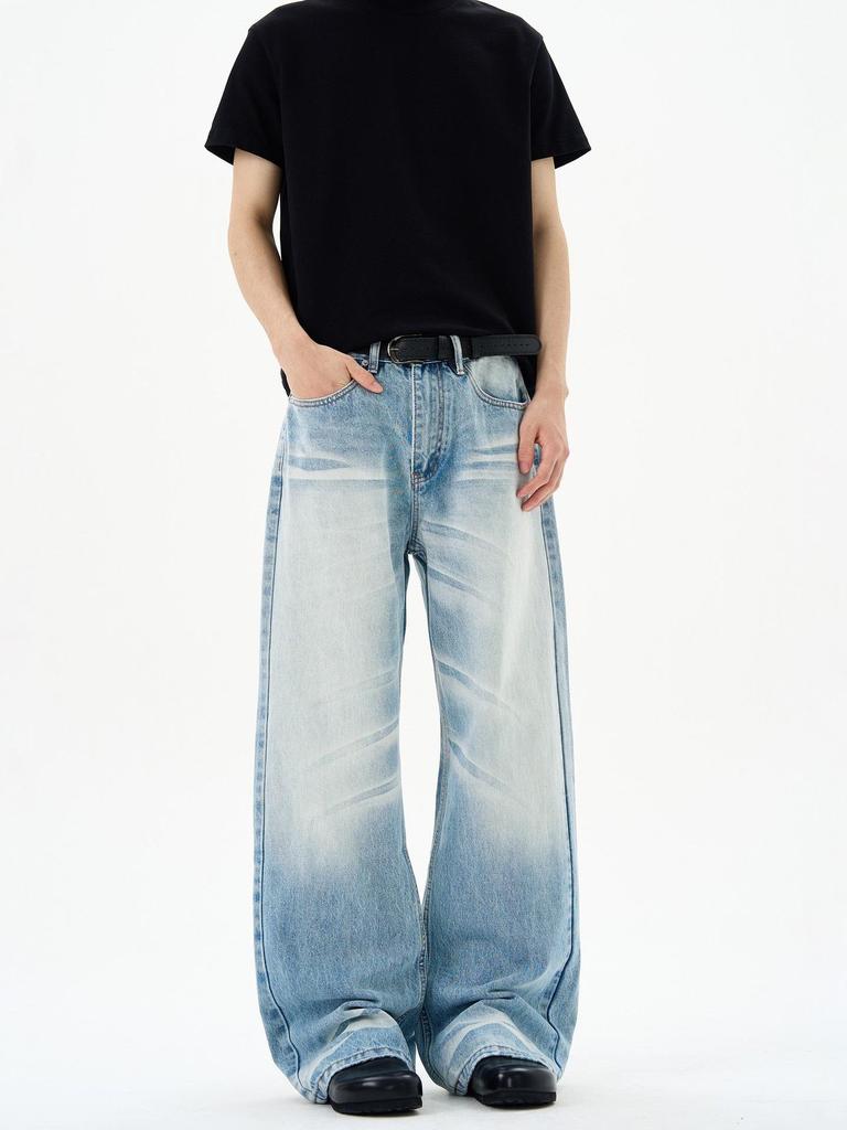 Unisex American High Street Cat Whiskers Blue Denim Jeans - New Design, Trendy Loose Straight Leg Pants