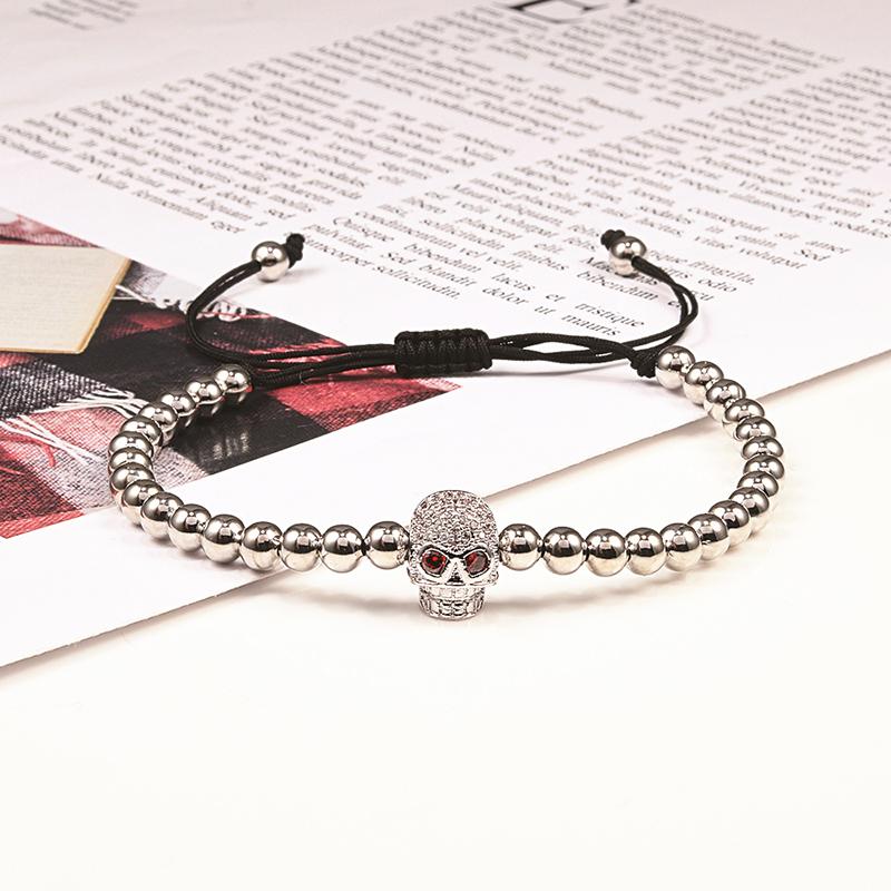 Charm Skull Head Copper Beads Bracelets Handmade Pave CZ Skeleton Crystal Adjustable Bracelet Punk Wrist Jewelry for Women Men