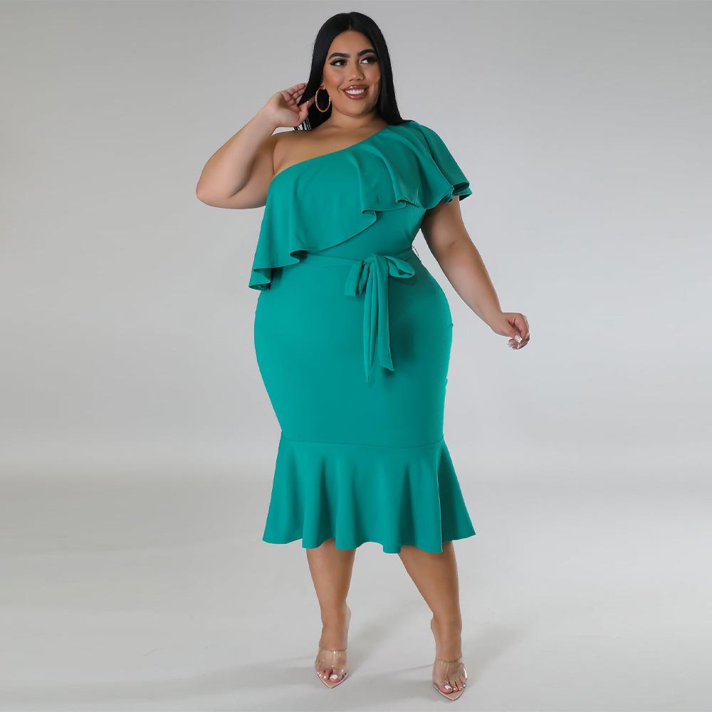 Abiti Midi da Donna Taglie Forti Moda Casual con Bordi Arricciati