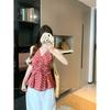 Korean neck V-neck sleeveless sling vest women's design sense waist temperament plaid shirt top women's autumn