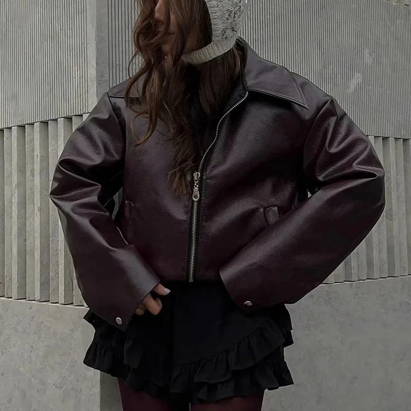 Vintage Solid Color Lapel Zipper Leather Outwear Casual Long Sleeved Elastic Short Women Coat Fall Commuting Street Jacket