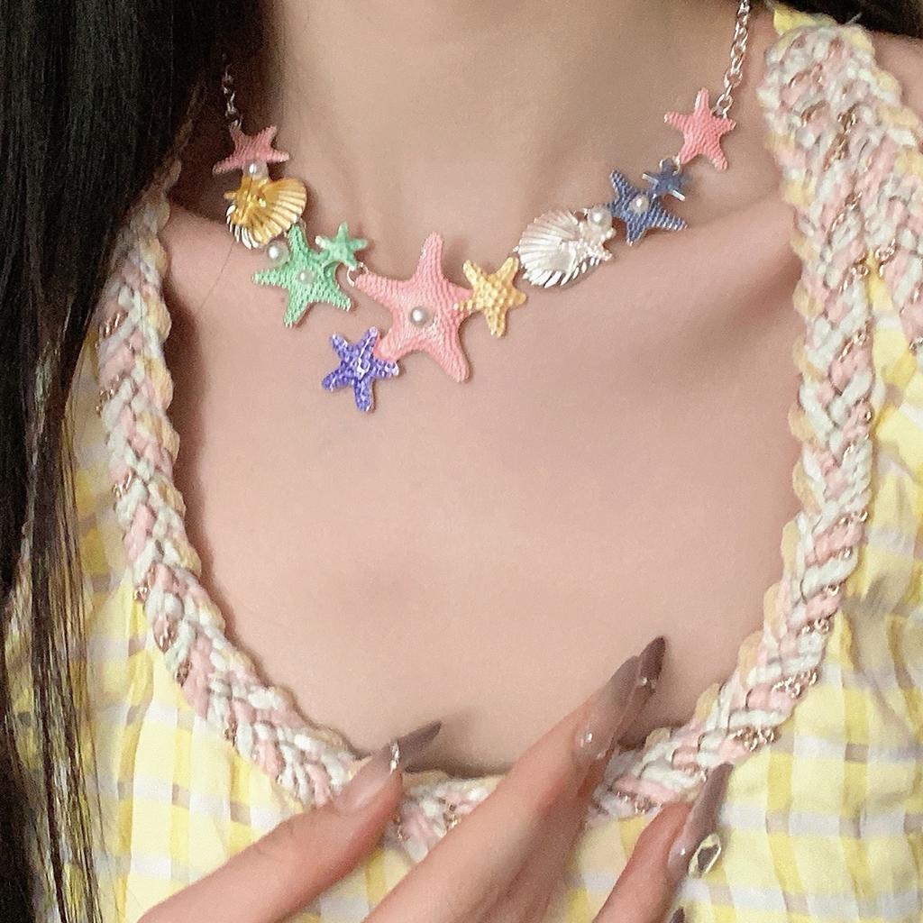 European and American ins star shell long necklace women's versatile high-end inlaid pearl dripping oil collarbone chain necklace