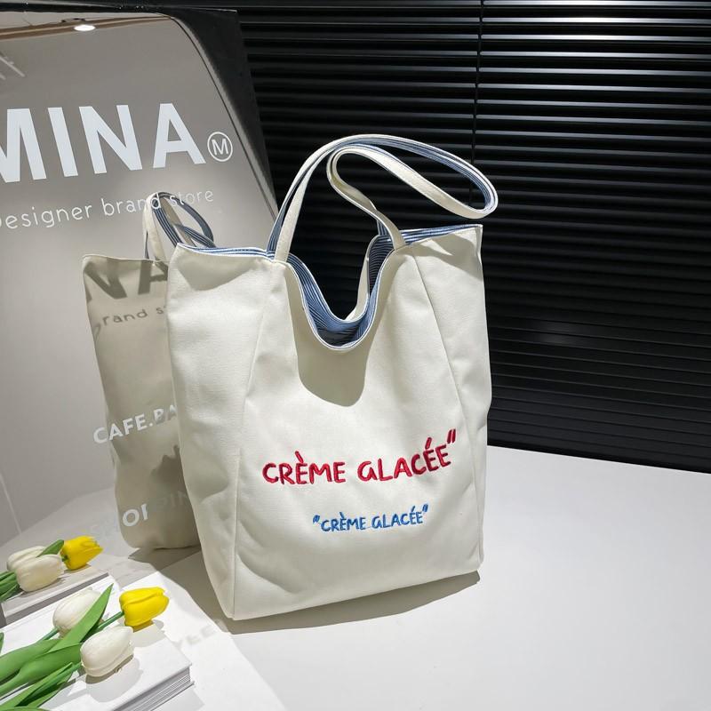 New embroidered letter fashion canvas bag double-sided women's shoulder bag casual large-capacity commuter tote bag