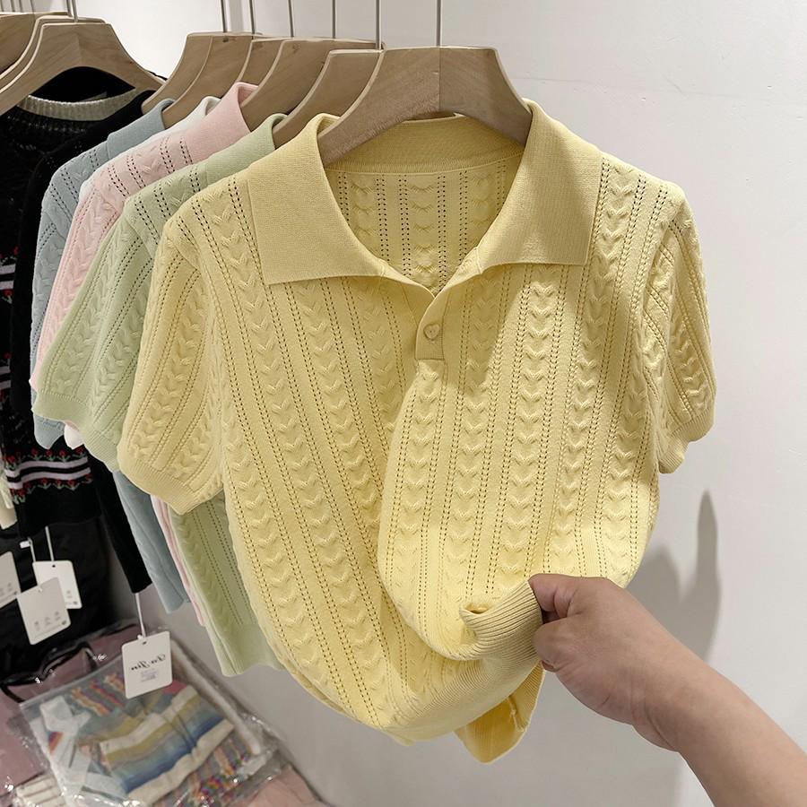 2024 Women's Summer Ice Silk Polo Collar Knit Top - Soft, Sticky, Short Sleeve Design