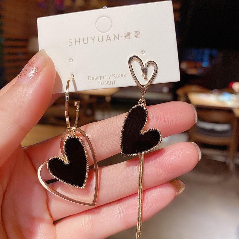 

Asymmetrical love fringed earrings fashionable atmosphere Internet celebrity heart-shaped long stud earrings earrings women s jewelry чёрный