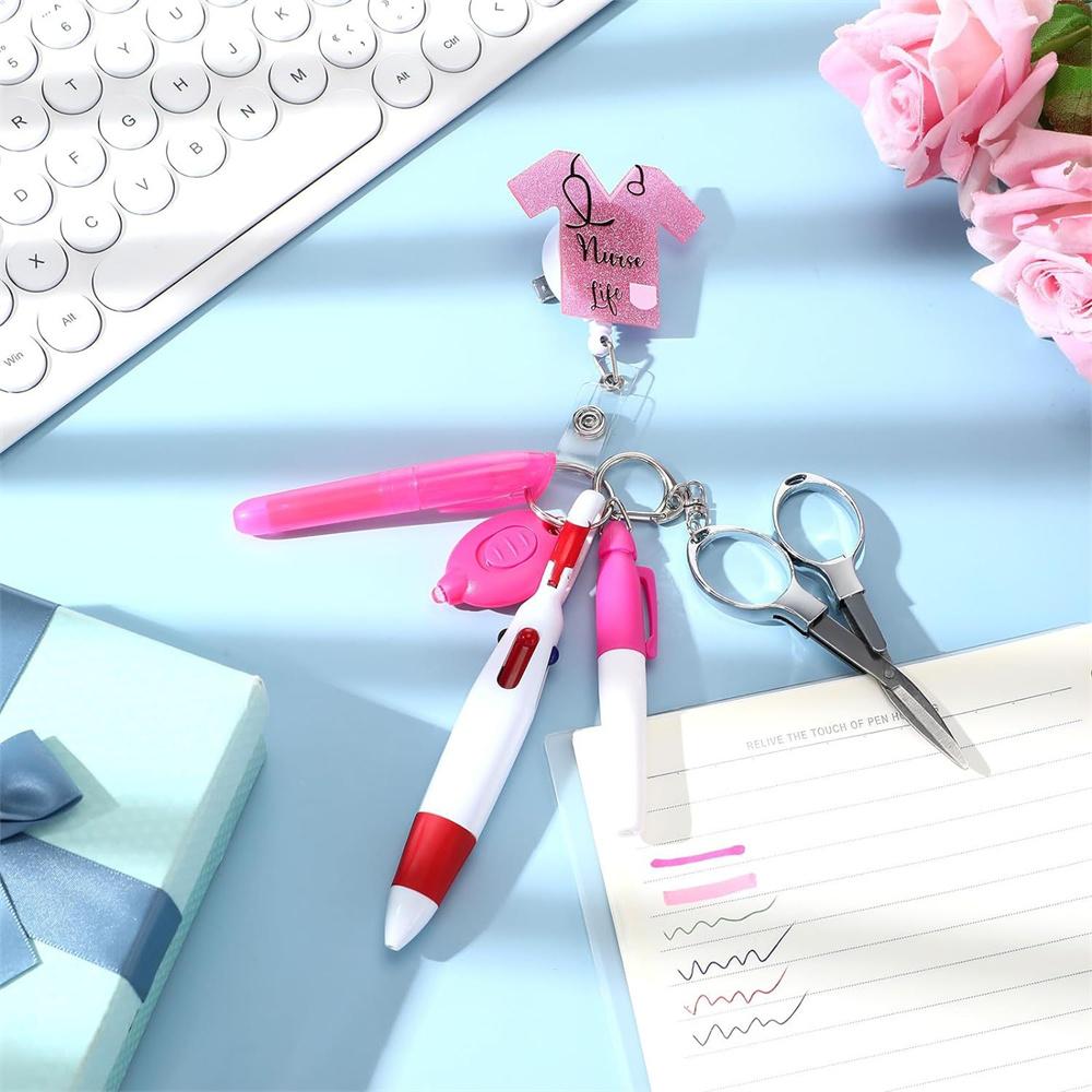6-In-1 Multifunction Retractable Ball Pen Set Flashlight Foldable Scissors Ballpoint Pen Keychain Nurse Pens Permanent Marker