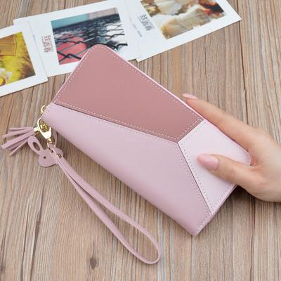 Geometric Patchwork Pu Leather Women'S Long Korean-Style Contrasting Colorzipper Tassel Large-Volume Wallet Female Card Holder