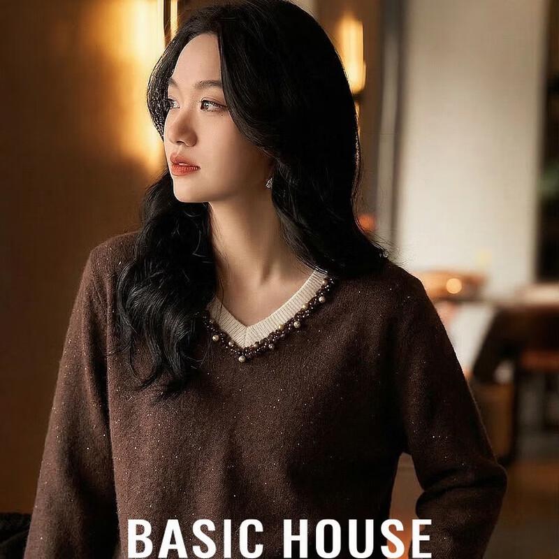 

Basic House Women s Sequin V-Neck Faux 2-Piece Sweater M