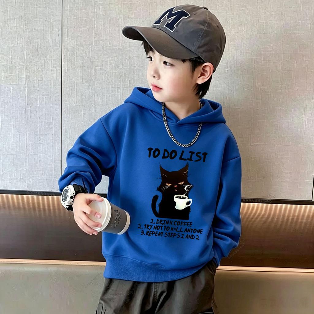 Y2K Kids Hoodie Sweatshirt Autumn Winter Black Cat Coffee Graphic Print Casual Loose Long Sleeve Tops