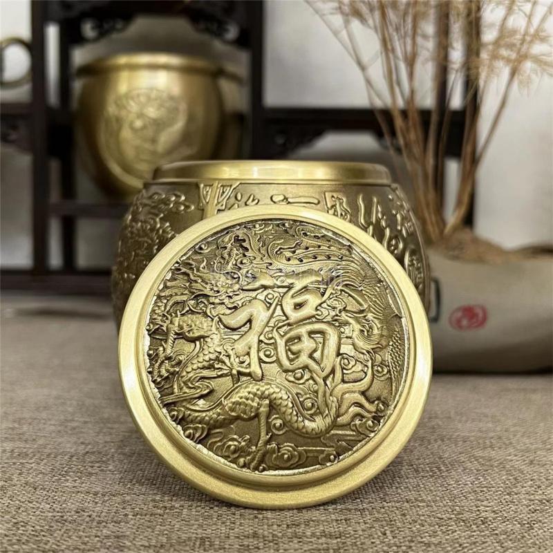 Brass Dragon and Phoenix Hundred Blessings Tea Canister with Lid Brass Golden Dragon Tea Jar Metal High-end Moisture-proof Insec