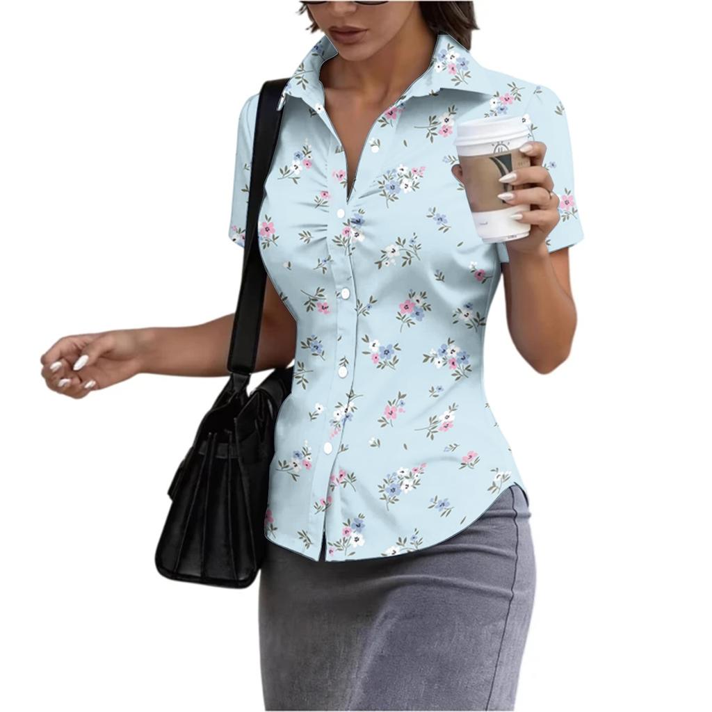 Women's Short Sleeve Button Down Shirt Slim Fit Collared Blouse Lightweight Casual Workwear Top for Summer