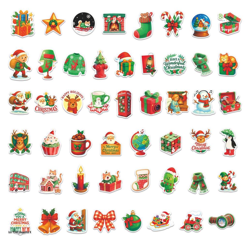 50 Happy Christmas Cartoon Waterproof Stickers for Phone Cases, Water Cups, Desktops, and Journals