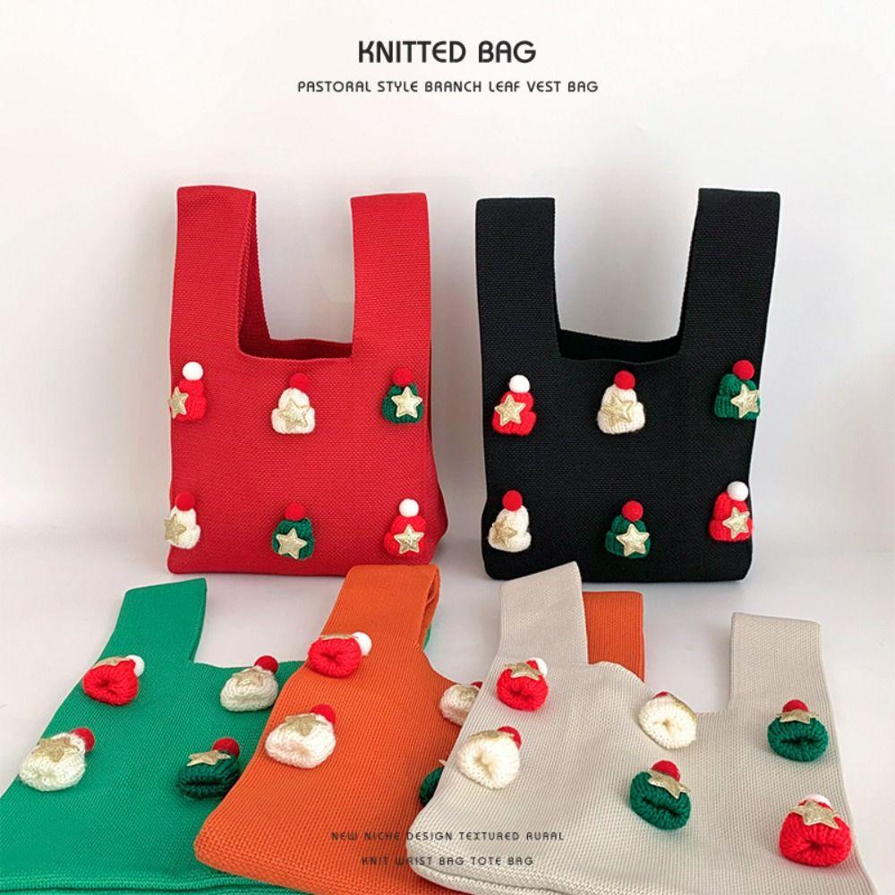Large Capacity Christmas Knitted Bag Christmas Hat Pentagram Christmas Wrist Bag Reuse Christmas Shoulder Bag