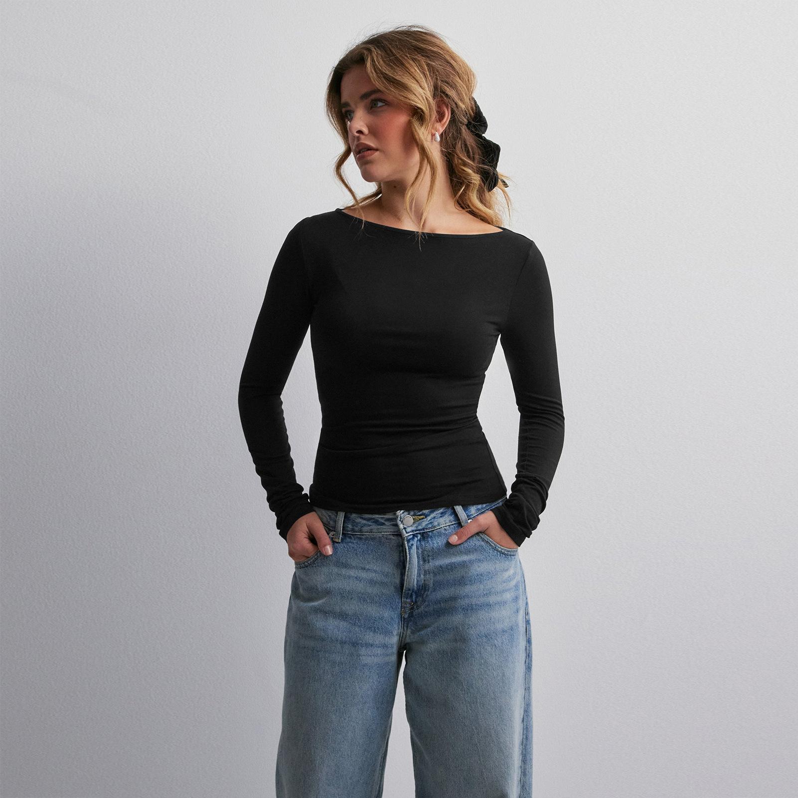 

Женский осенне-зимний простой однотонный топ с одним лацканом и длинными рукавами XL чёрный