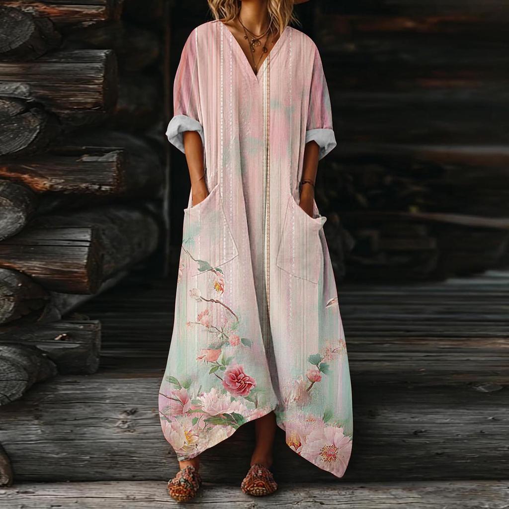 Luźna Sukienka Kaftan z Dekoltem V i Kwiatowym Wzorem z Kieszeniami Długi Rękaw Codzienna Sukienka Maxi dla Kobiet Wygodny Design