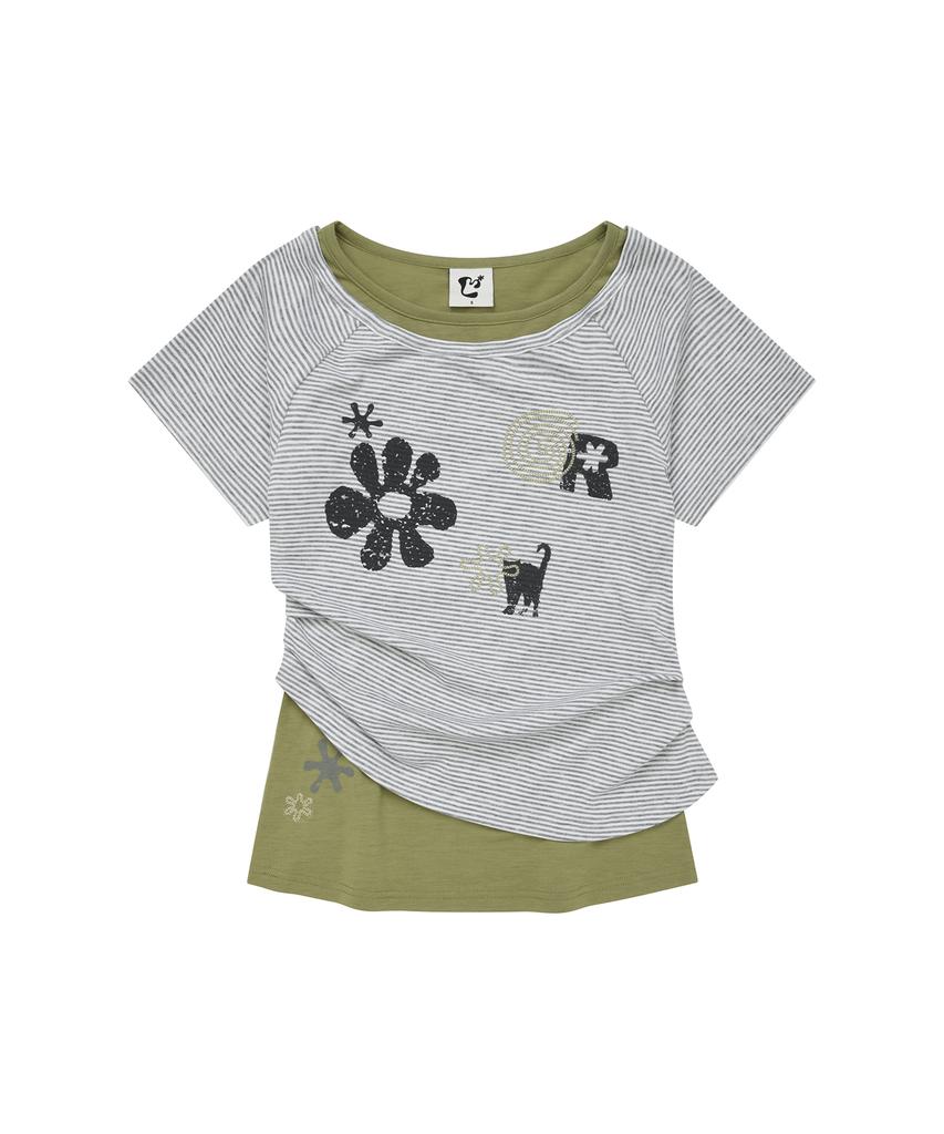 LMR Motif Embroidered Striped Layered T-Shirt Green