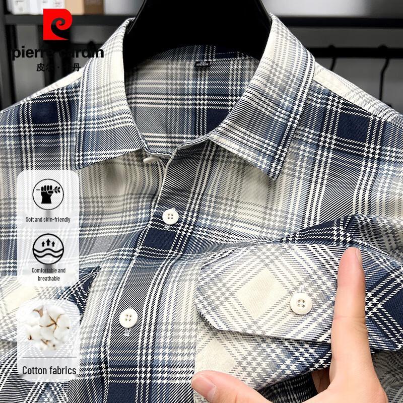 Pierre Cardin Men's Loose Pure Cotton Plaid Short Sleeve Shirt