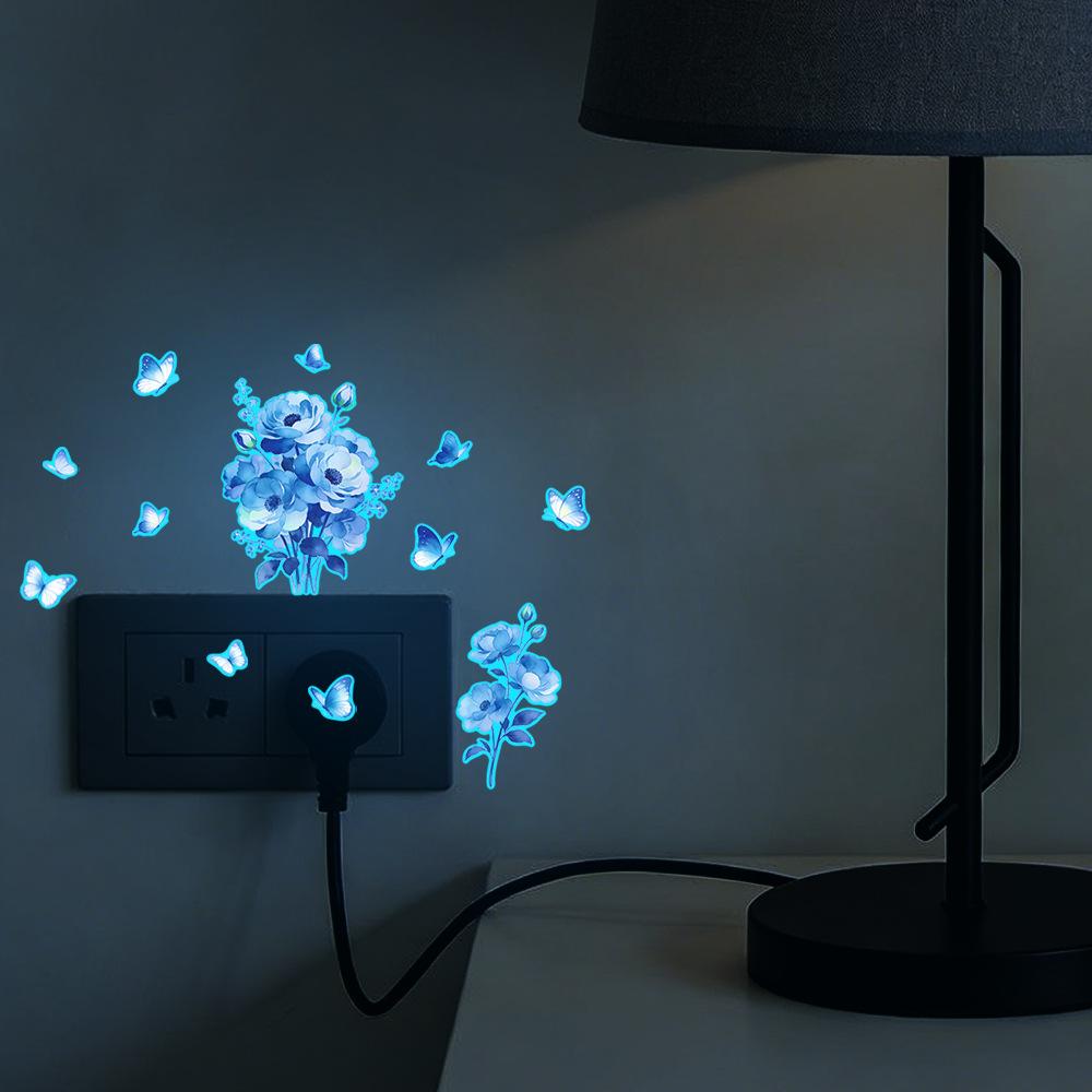 Nightlight Fresh Blue Flower and Blue Butterfly Living Room Home Wall Switch Stickers