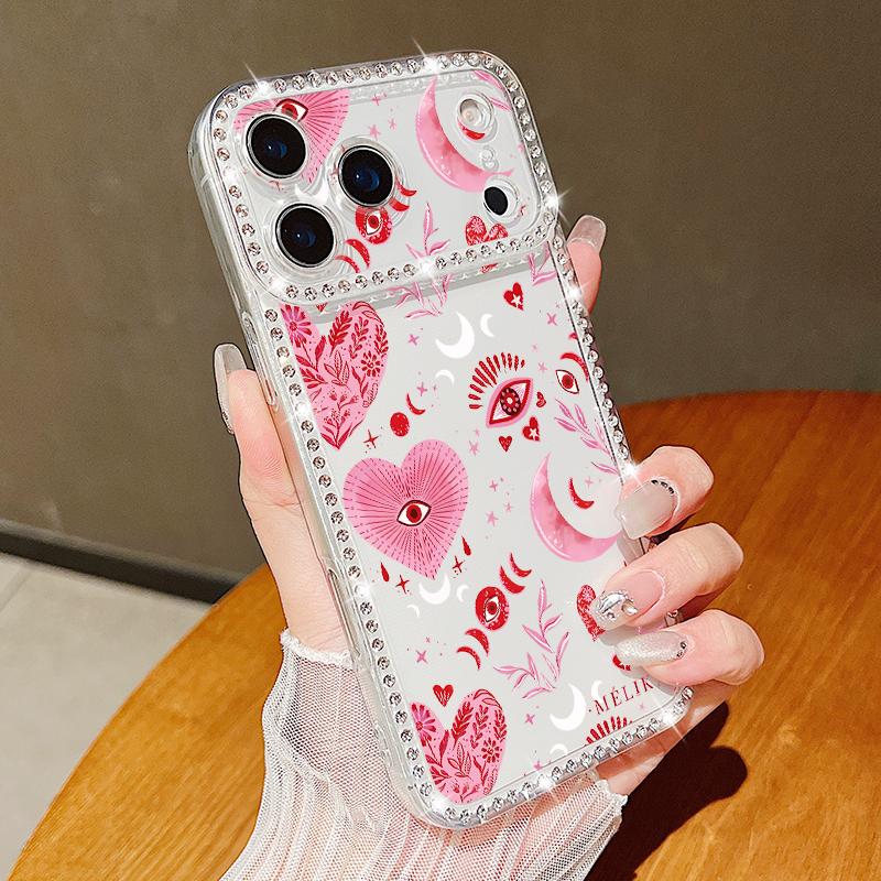 Pink Hearts Eye Pattern Diamond Case For iPhone 17 Pro Max Funda iPhone 16 Pro Max 15 14 13 11 Clear TPU Silicone Soft Cover