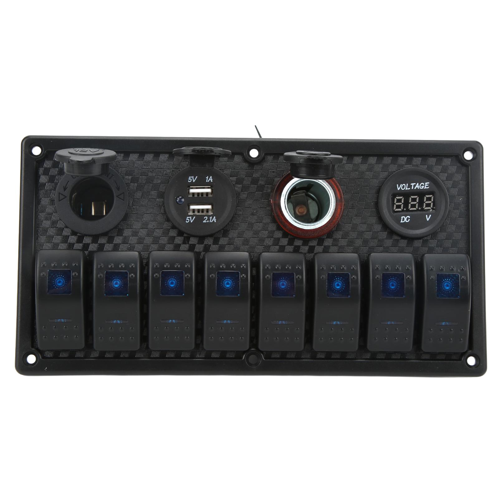 

Car Boat Rocker Switch Panel Blue LED Light with Dual USB Voltmeter Cigarette Lighter 12‑24V for Yachts Ships Caravans