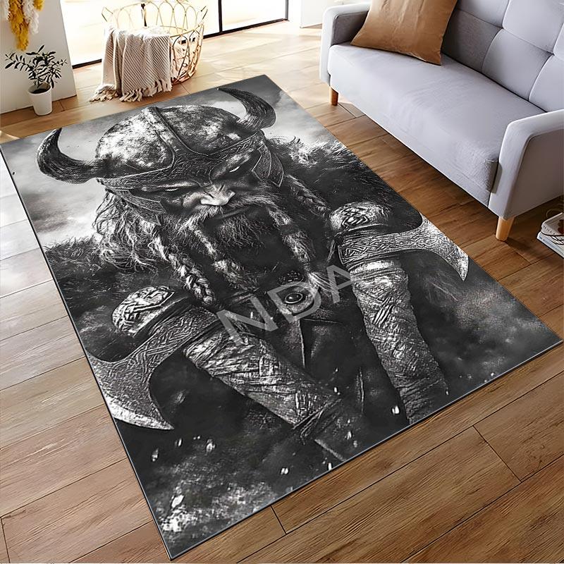 Viking Warrior Rug with Horned Helmet and Axes in Dark Style Suitable for use as an anti-slip for living room bedroom sofas