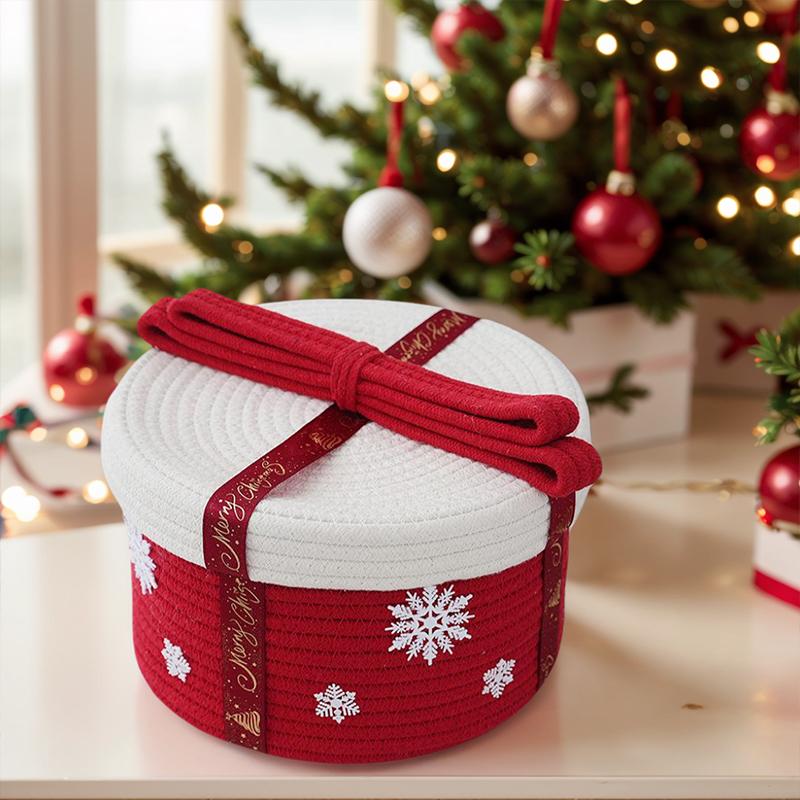 Christmas Decoration Storage Basket With Dust Cover Holiday Gift Box Cotton Rope Woven Snacks Small Gift Storage Basket