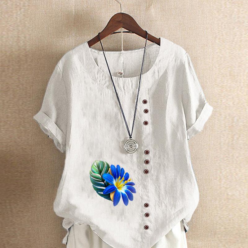 Tricou cu mânecă scurtă, cu gât rotund, la modă pentru femei, ocazional, din bumbac, cămașă grafică, pentru petrecere a timpului liber, cu flori, bluză de vară, topuri