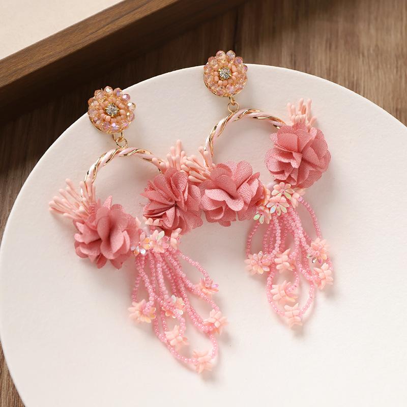 Design Bohemian Fringed Stud Earrings Niche Long Mori Vacation Style Earrings Seaside Flower Earrings Women