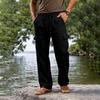 Men's Cotton Linen Drawstring Waist Straight Leg Breathable Long Cargo Pants Casual Loose Fit Trousers with Pockets