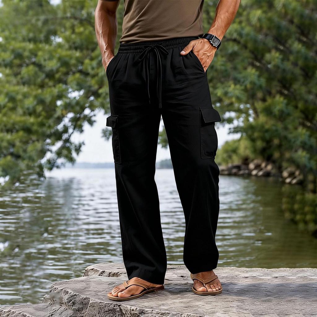 Men's Cotton Linen Drawstring Waist Straight Leg Breathable Long Cargo Pants Casual Loose Fit Trousers with Pockets