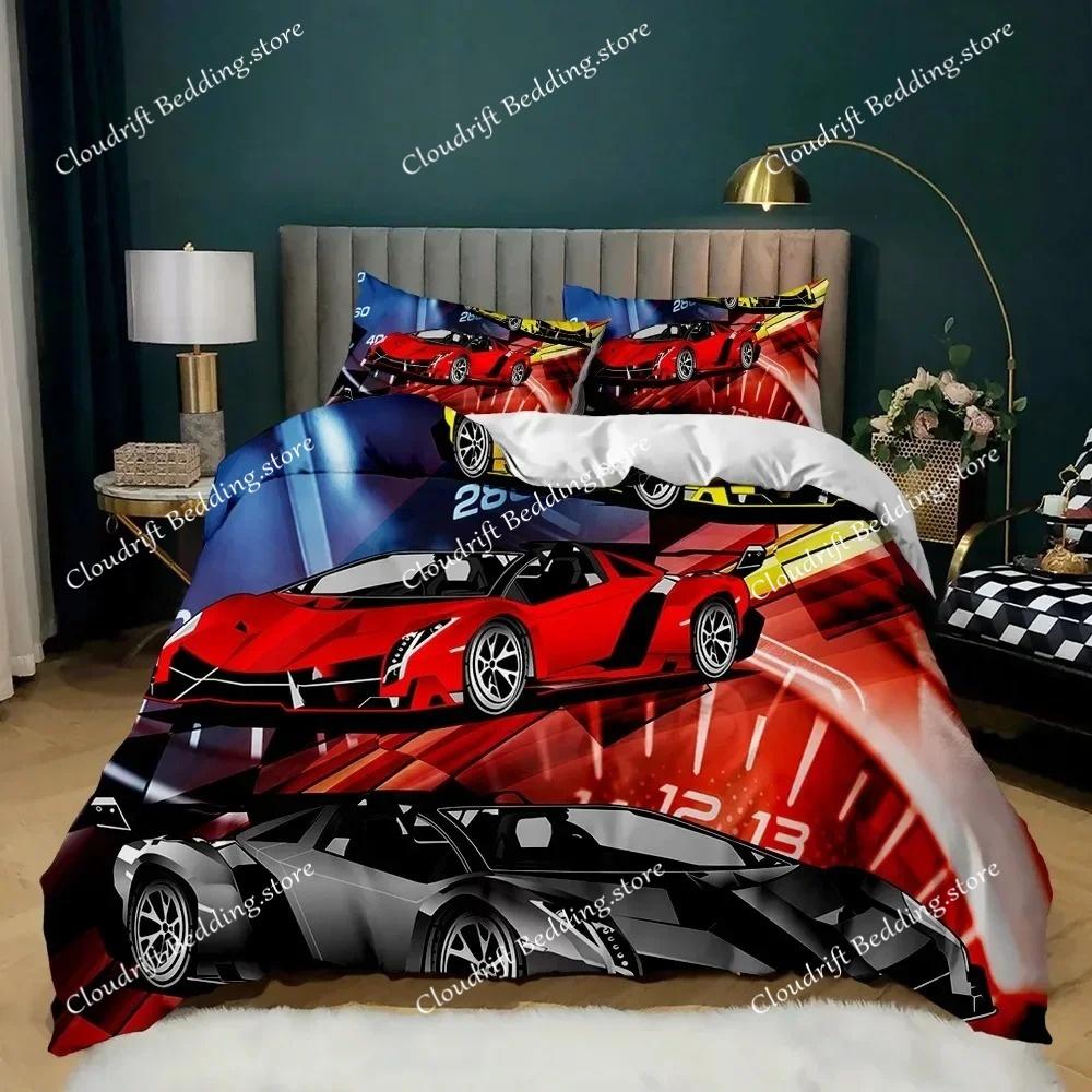 Race Car Duvet Cover Set King Queen Twin Size Red Flame Comforter Cover 3D Sport Car Theme for Boys Girl Polyester Bedding Set