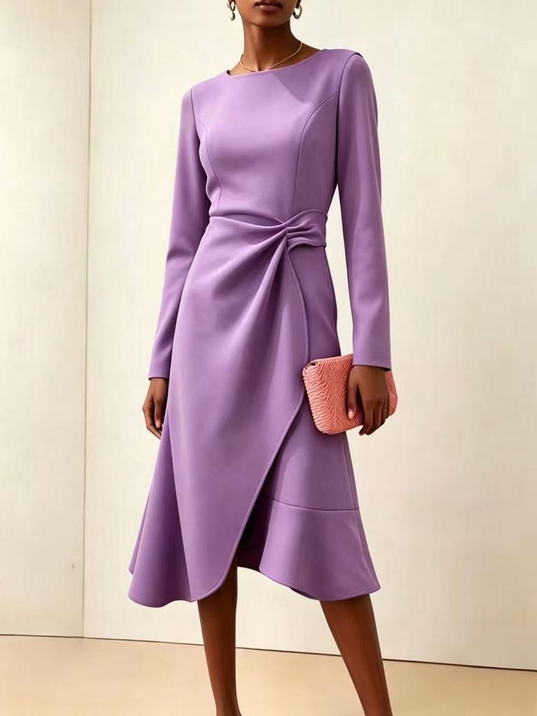 European and American Women's Clothing New Long-sleeved Solid Color Round Neck Dress Medium and Long Dress Women