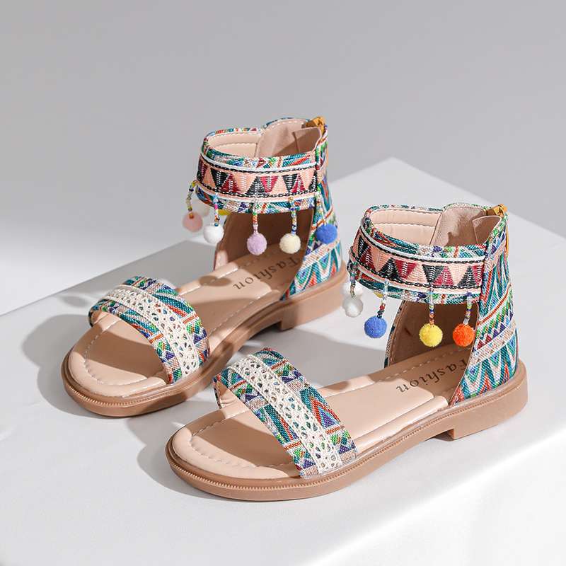 Children's Roman shoes Girls' sandals Summer 2025 New middle-aged and older children's Korean version soft-soled ethnic style retro princess shoes