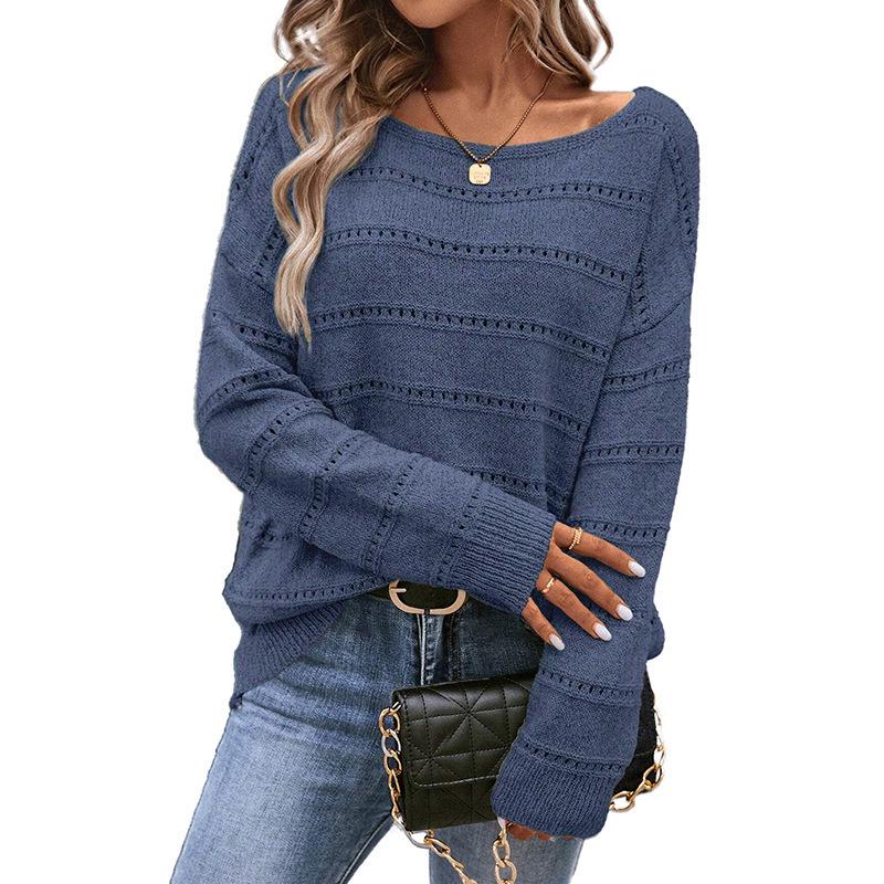 2026 Autumn/Winter Women's European Style Loose Knit Hollow Sweater - Round Neck, Long Sleeve, Casual Pullover