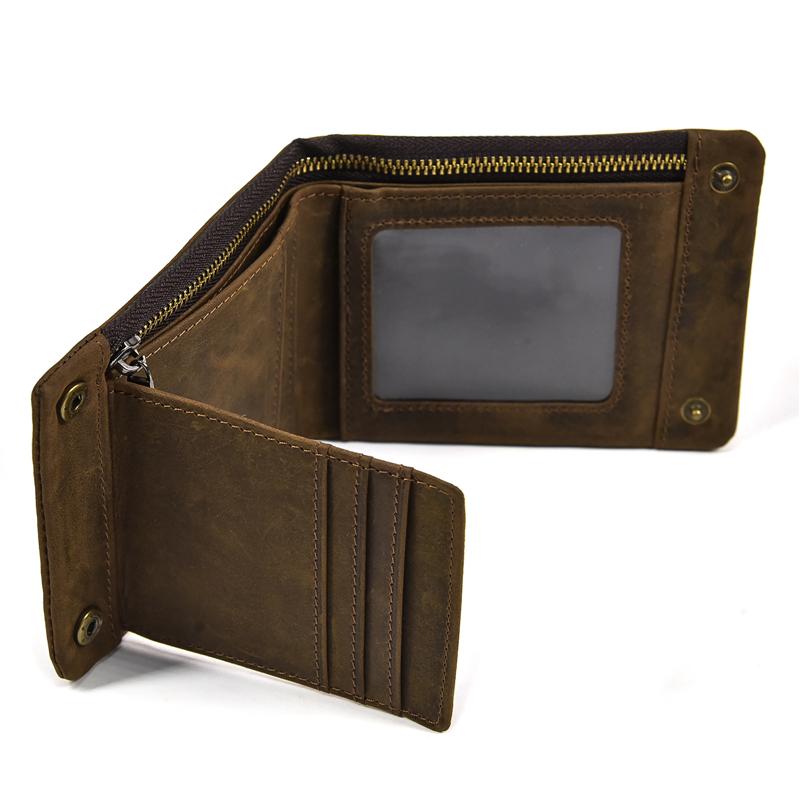 Men's Genuine Leather Trifold Wallet Wowen Natural Leather Zipper Short Purse Card Holder Change Coin Purse Male Clutch Wallets
