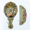 Vintage Folding Hand Mirror with Carved Comb Portable Travel Long Handle Metal Makeup Mirror Women Decorative Handheld Desk Vanity Mirror