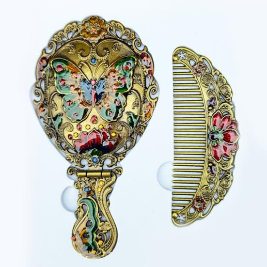 Vintage Folding Hand Mirror with Carved Comb Portable Travel Long Handle Metal Makeup Mirror Women Decorative Handheld Desk Vanity Mirror