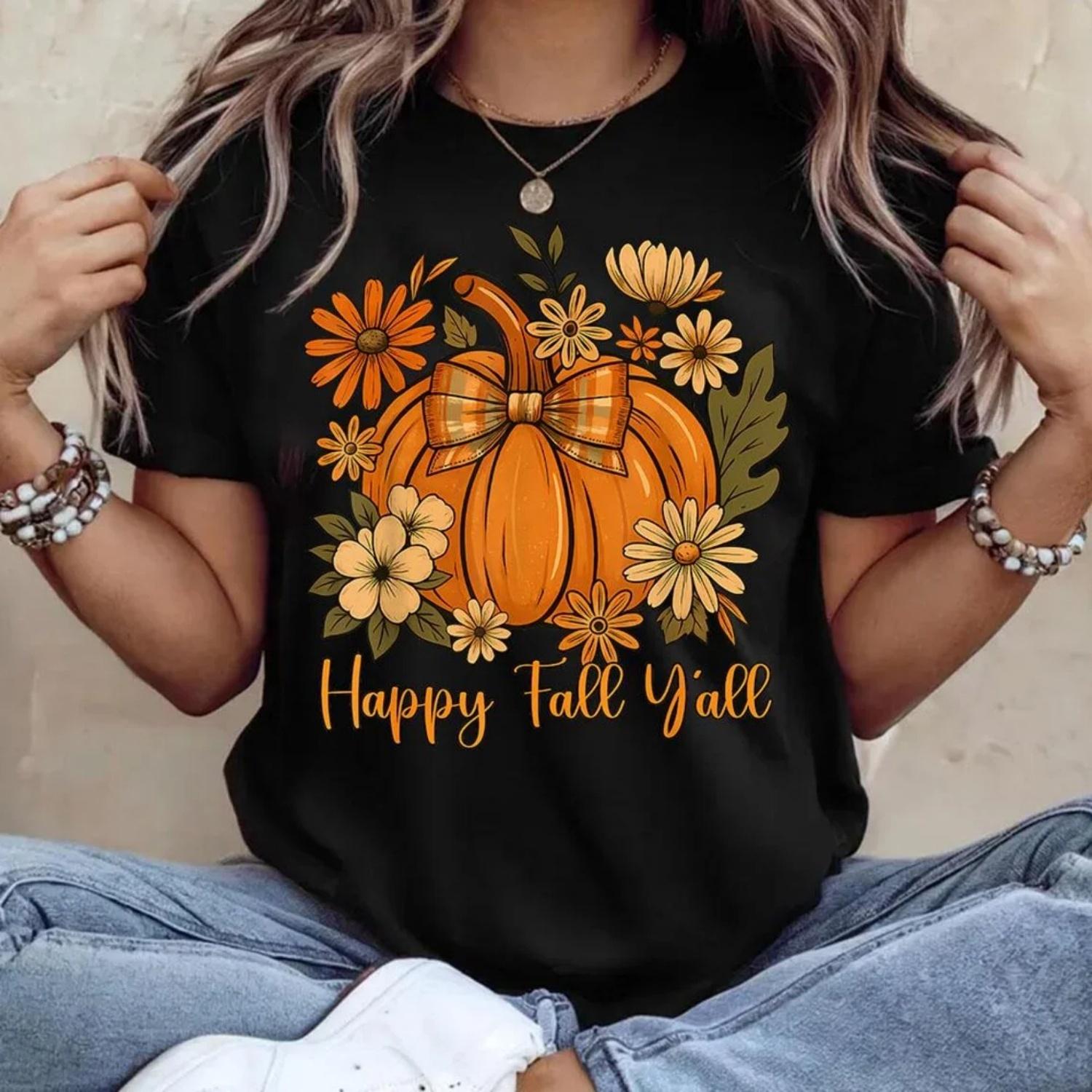 

Preppy Floral Pumpkin Harajuku T-shirt Female Fashion Retro T-shirt Oversized T-shirt Casual Style Street Trend Graphic Y2K S чёрный
