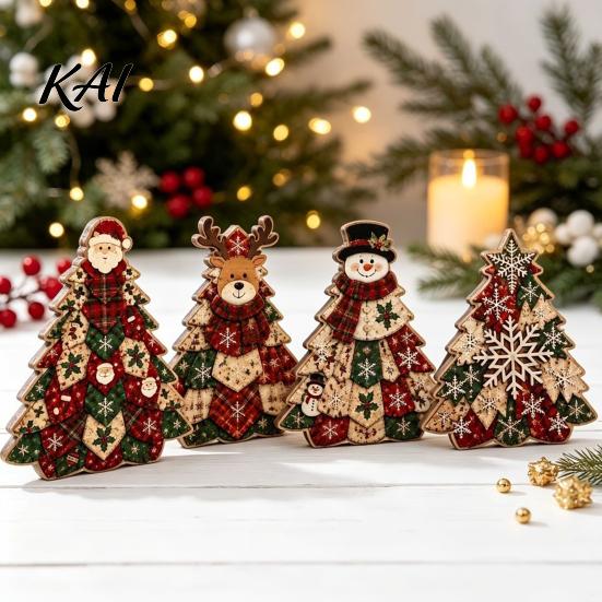 Wooden Holiday Party Decor Quilted Christmas Tree Table Sign, 2D Flat Fabric Patchwork Pattern Desktop Reusable Xmas Sign Ornament, Rustic Farmhouse