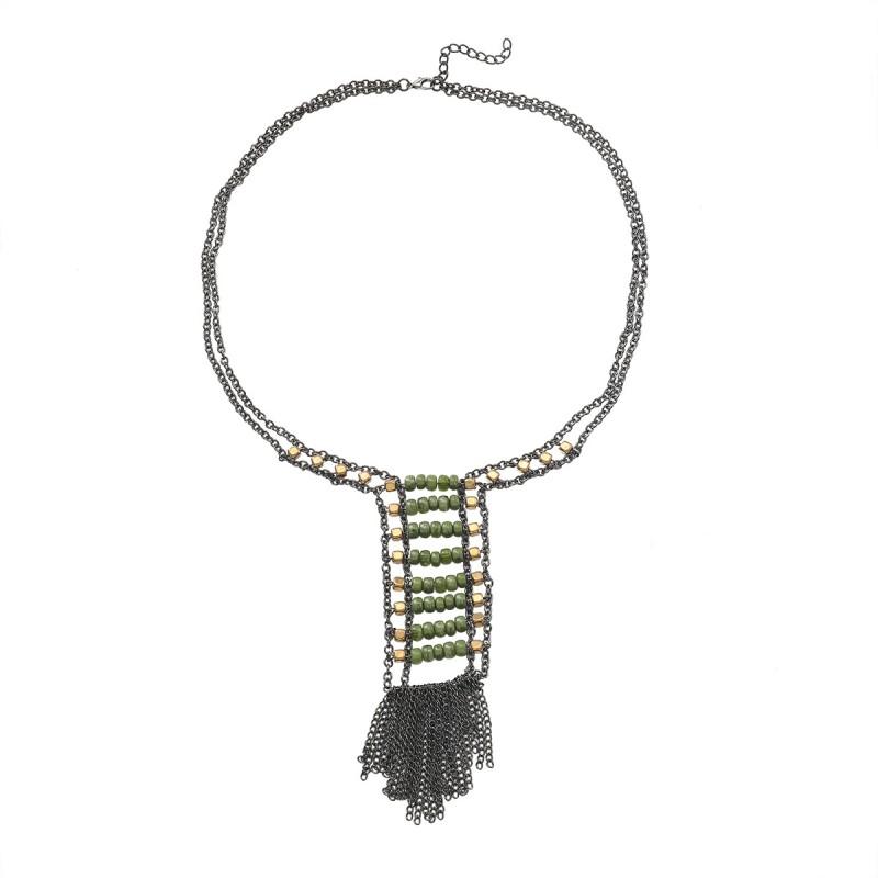 Layered Handwoven Tassel Long Necklace Women Men Geometric Pendant Zinc Alloy Chain Statement Jewelry Green