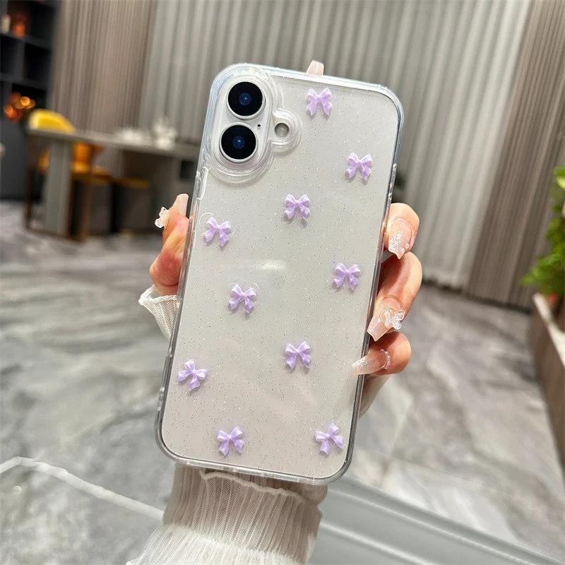 Cute 3D Bowknot Glitter Phone Case For iPhone 16 15 14 13 12 11 Pro Max Plus MiNi 2025 Korean Girl Soft Cover Epoxy Clear Shell