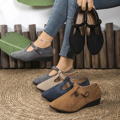 Foreign Trade Large Size Single Shoes Women's New Autumn European and American Style Pointed Head Shallow Mouth Buckle Wedge Heel Doudou Shoes Women