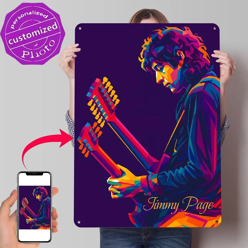 Jimmy Page Colorful Pop Art Portrait Personalized D Textured Metal Poster Wall Art Vintage Tin Signs for Bathroom Decor Room