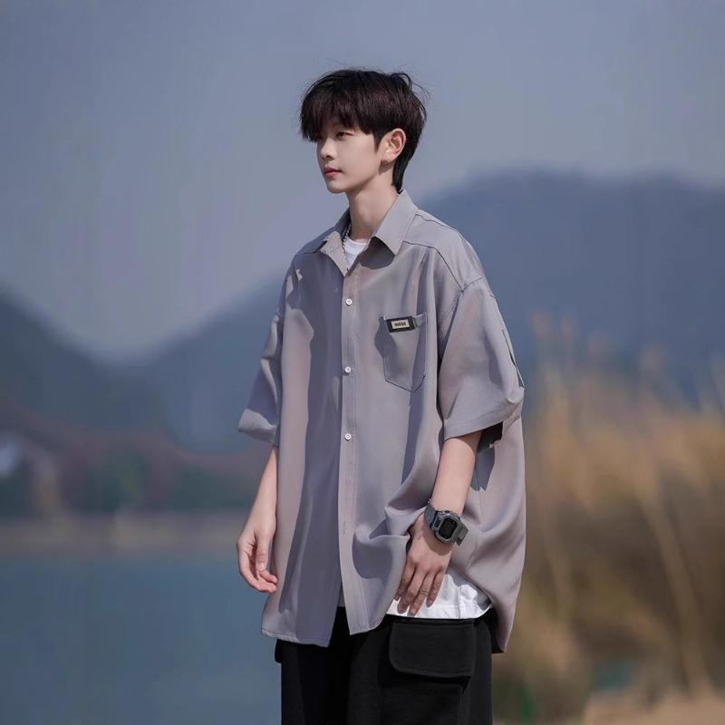 

Men Roll Up Sleeve Oversized White Button Down Shirt Casual Loose Breathable Streetwear Summer Top 2XL сірий