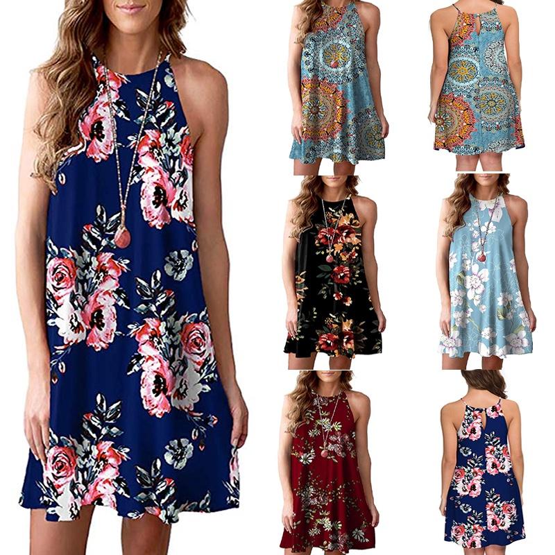 Elegant Women Fashion Splicing Color Print Hanging Neck Hem Mini Dress In Premium Quality Materials