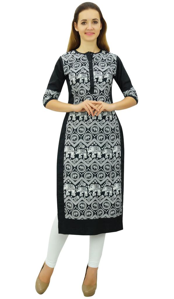 Phagun Women's Designer Straight Black Kurta 3 4 Sleeve Printed Casual